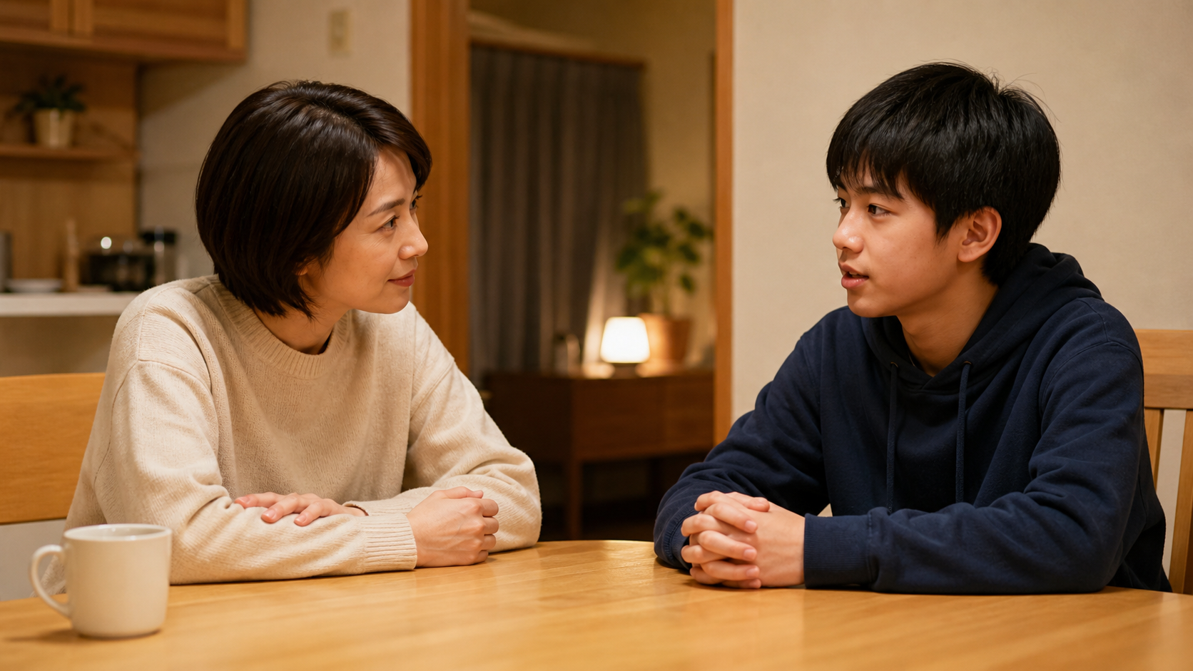 自宅で中学生の話を穏やかに聴く保護者