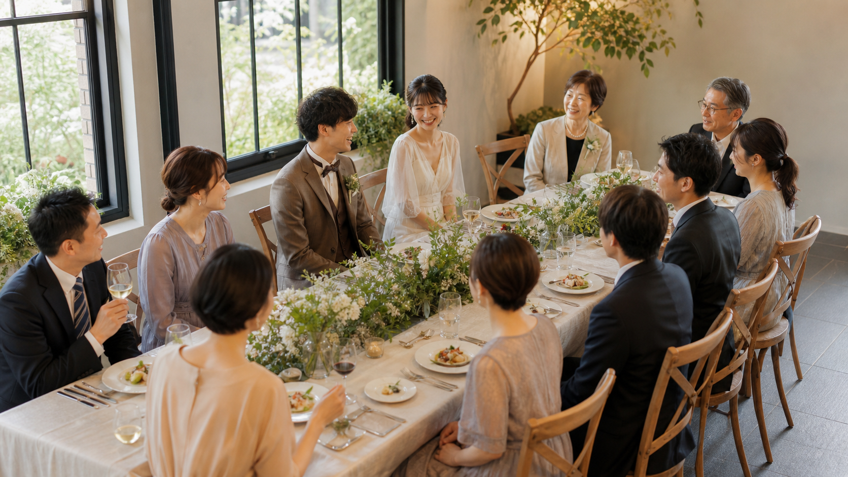 新郎側と新婦側を分けず長テーブルを囲む少人数結婚式