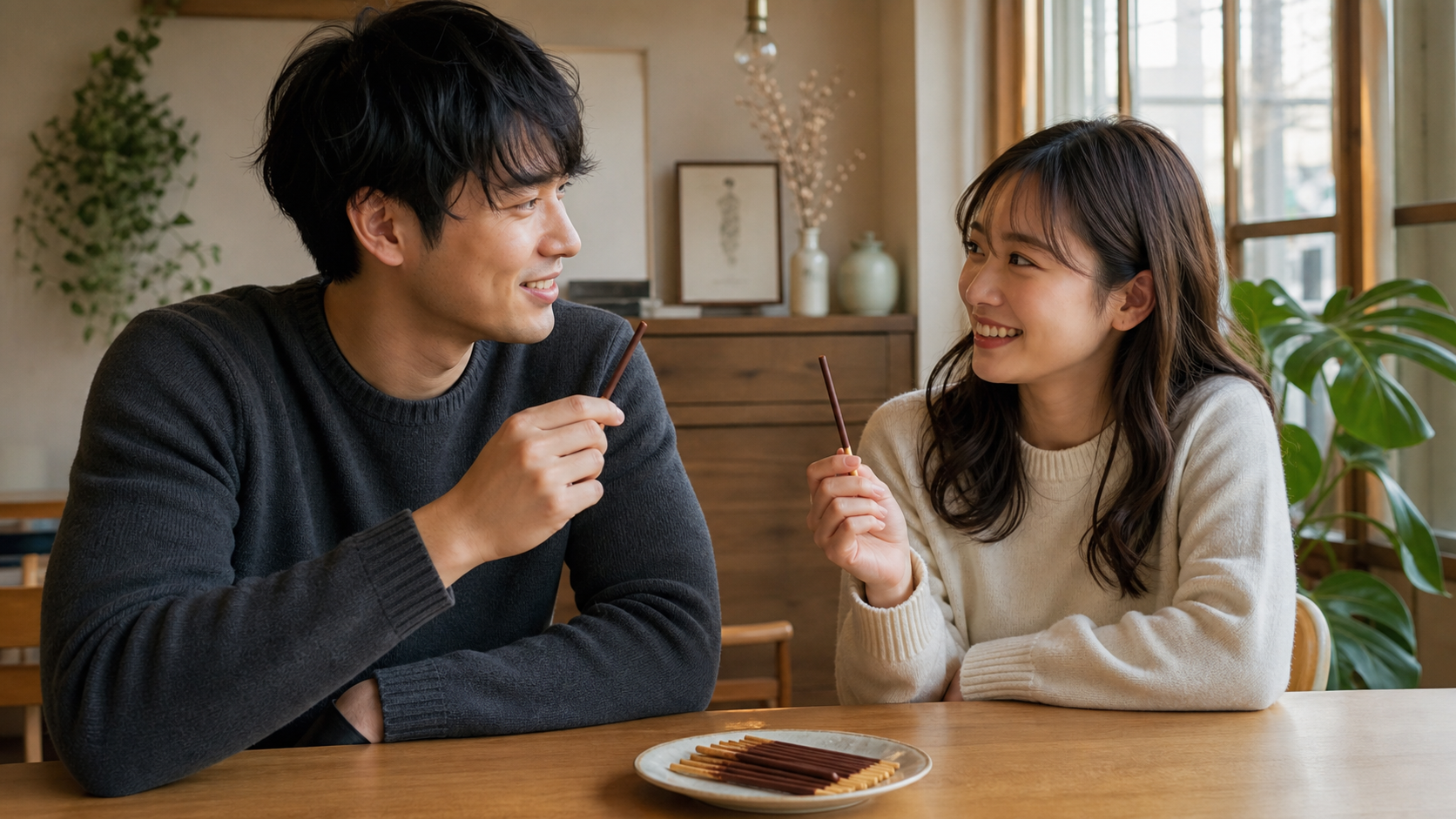 ポッキーゲームの前に同意と距離感を確認する成人カップル