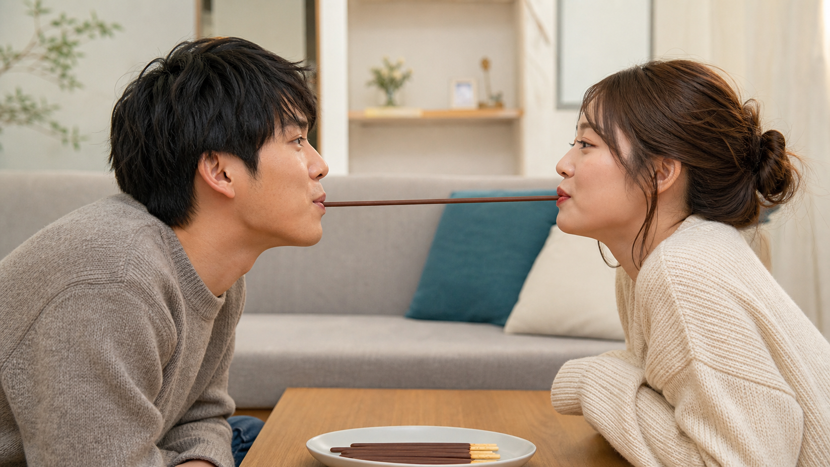 ポッキーゲームのルールを確認しながら1本のスティック菓子をくわえる成人カップル