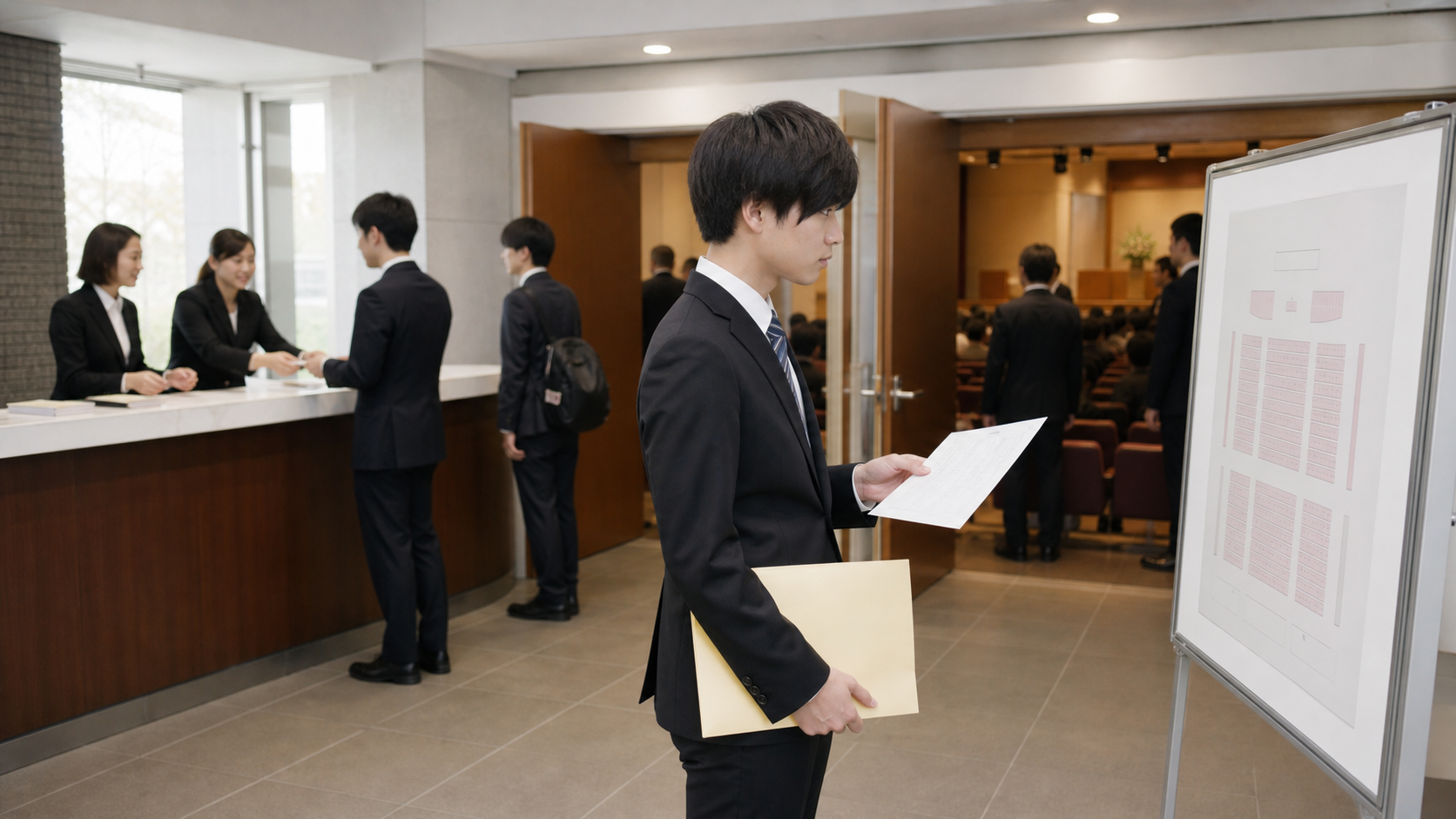 大学入学式の受付後に座席表を確認する一人参加の新入生