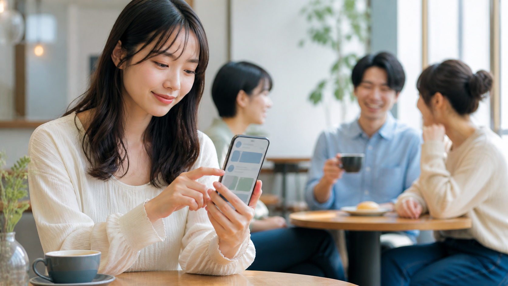 リア垢の特徴をイメージしたスマートフォンと友人グループ
