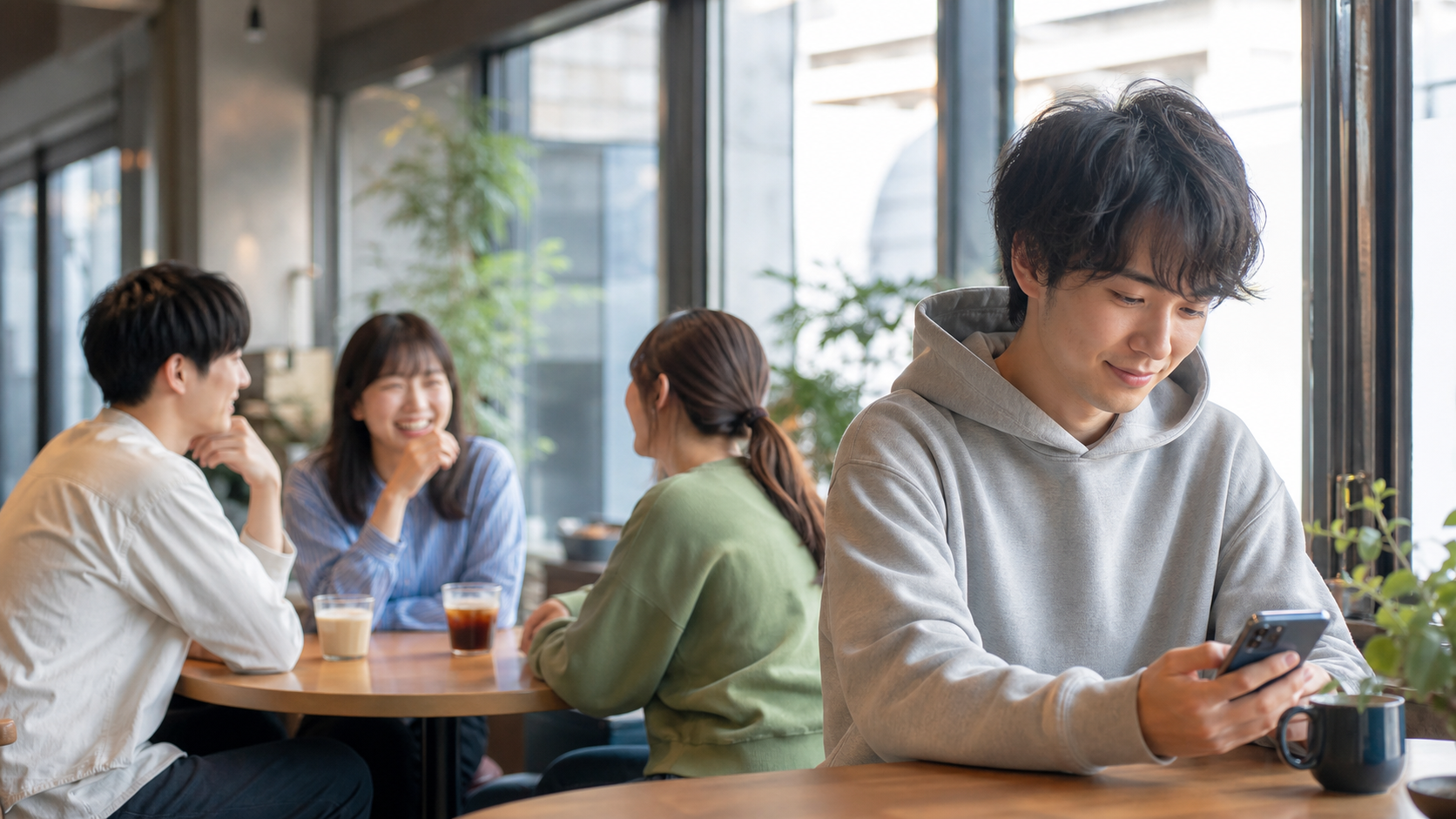 リア充という言葉の今っぽさを考えながらスマホを見る若者と友人たち
