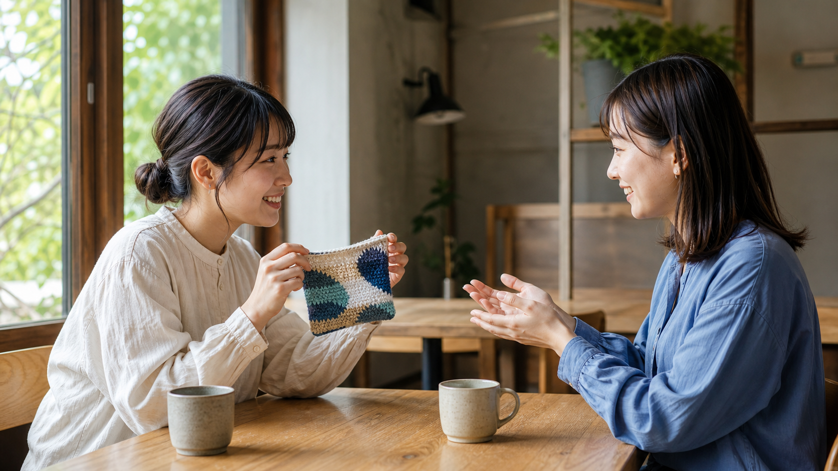 趣味の手作り作品を具体的な言葉で褒める友人同士