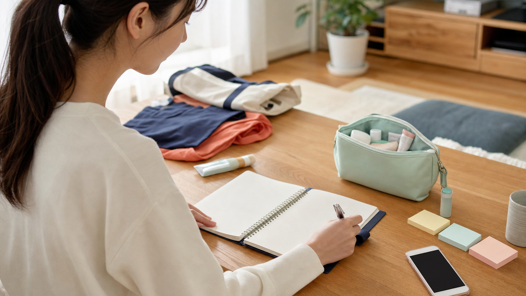 リア充女子に近づくための日常習慣を手帳で整理する女性