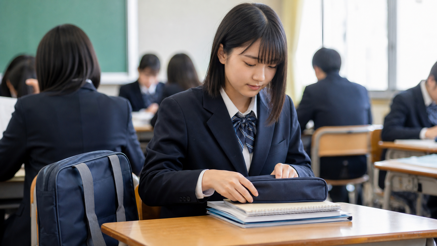 席替え後の気まずい席で落ち着いて準備する学生