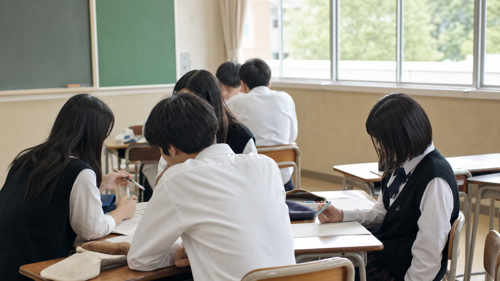 席替え後の話し合いでプリントを見ながら参加する学生