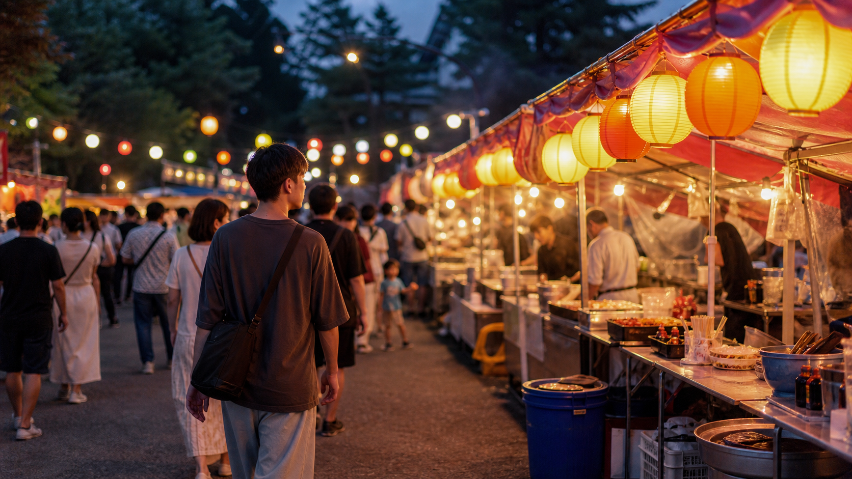 ぼっち夏祭りで屋台を一周して混雑を見ながら歩く人