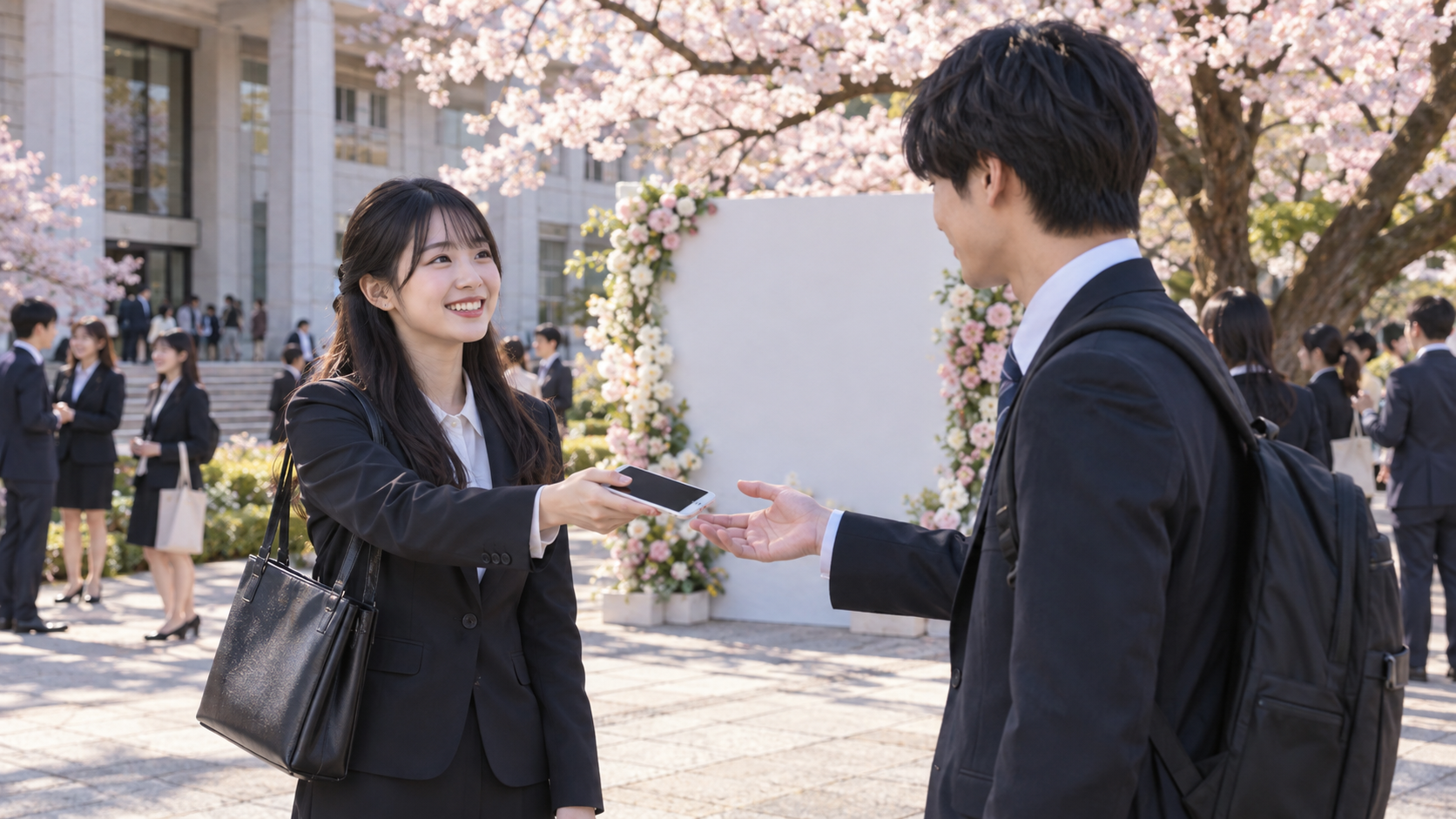 大学入学式のあと一人参加の新入生が記念写真を頼む様子