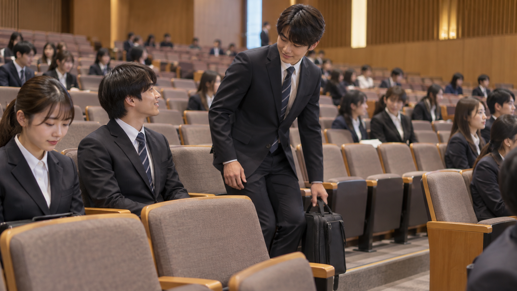 大学入学式の会場で一人参加の新入生が座席を選ぶ様子