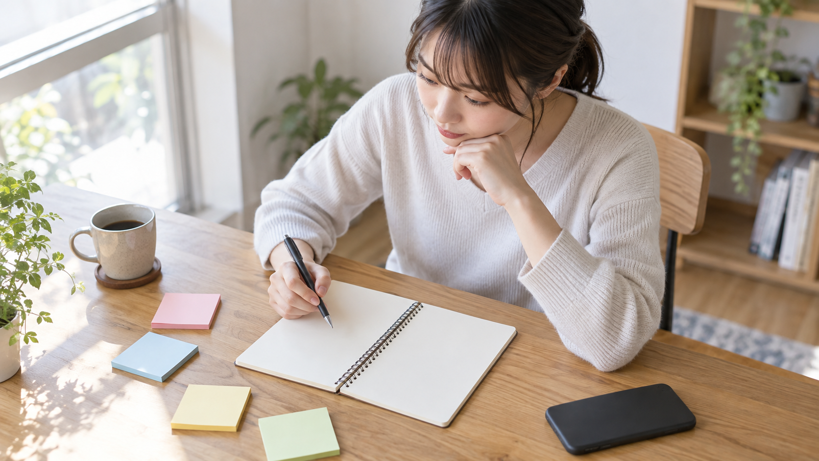 友達に誘われなかった事実と想像をノートで整理する女性