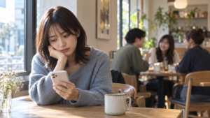 友達グループから自分だけ離れた席でスマートフォンを見る女性