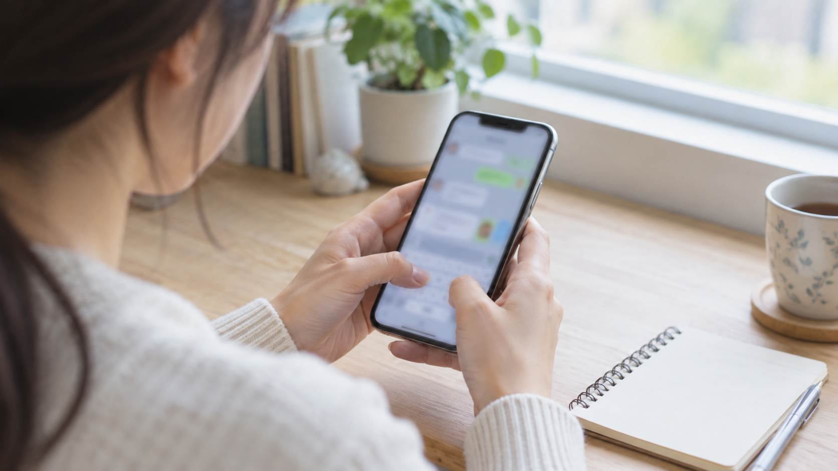友達グループへ参加したい気持ちをLINEで短く送る女性