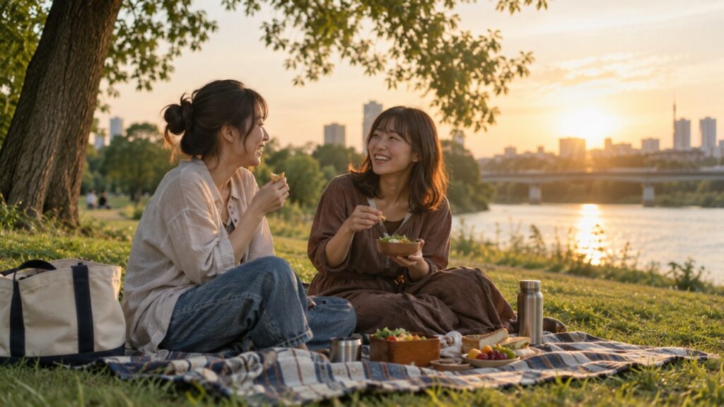 夕方の公園で食事をしながら会話を楽しむ二人
