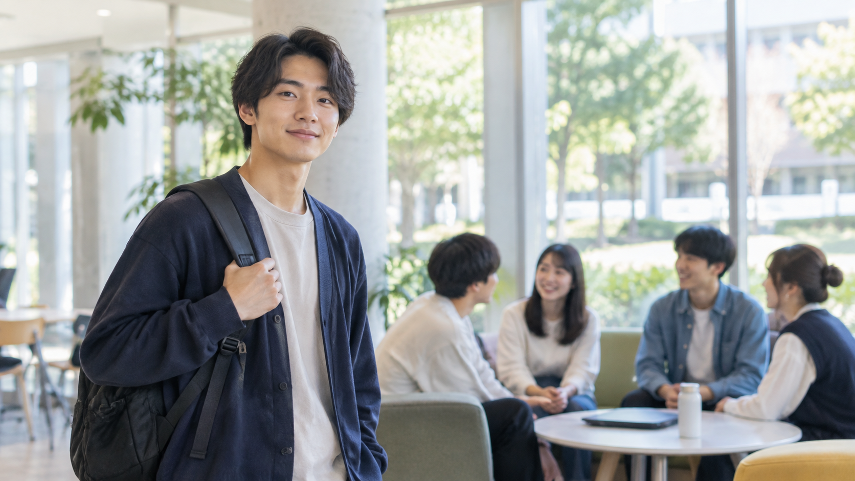 落ち着いた服装と表情でキャンパスに立つ若者