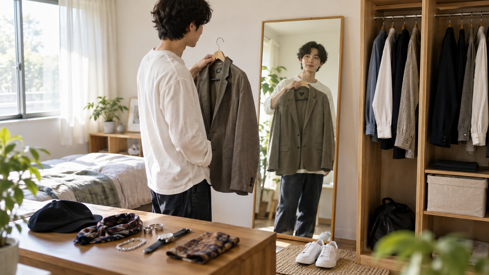 流行を足しすぎず自分に合う服装を選ぶ若者