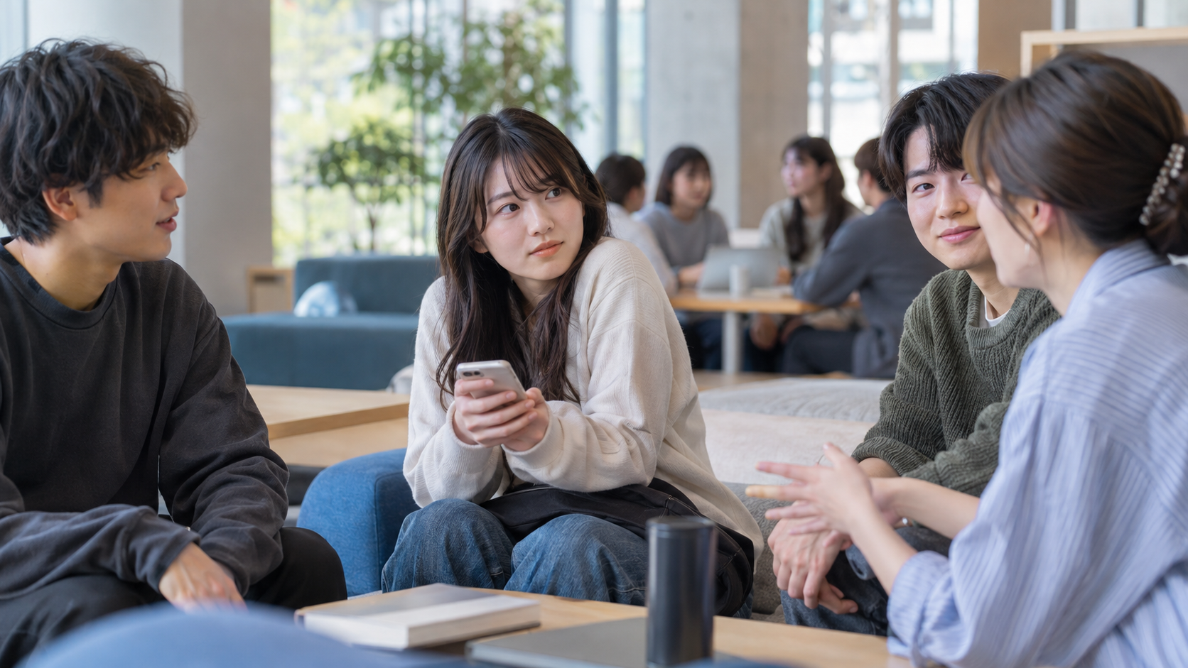 グループ会話で視線と姿勢の力みに気づく若者