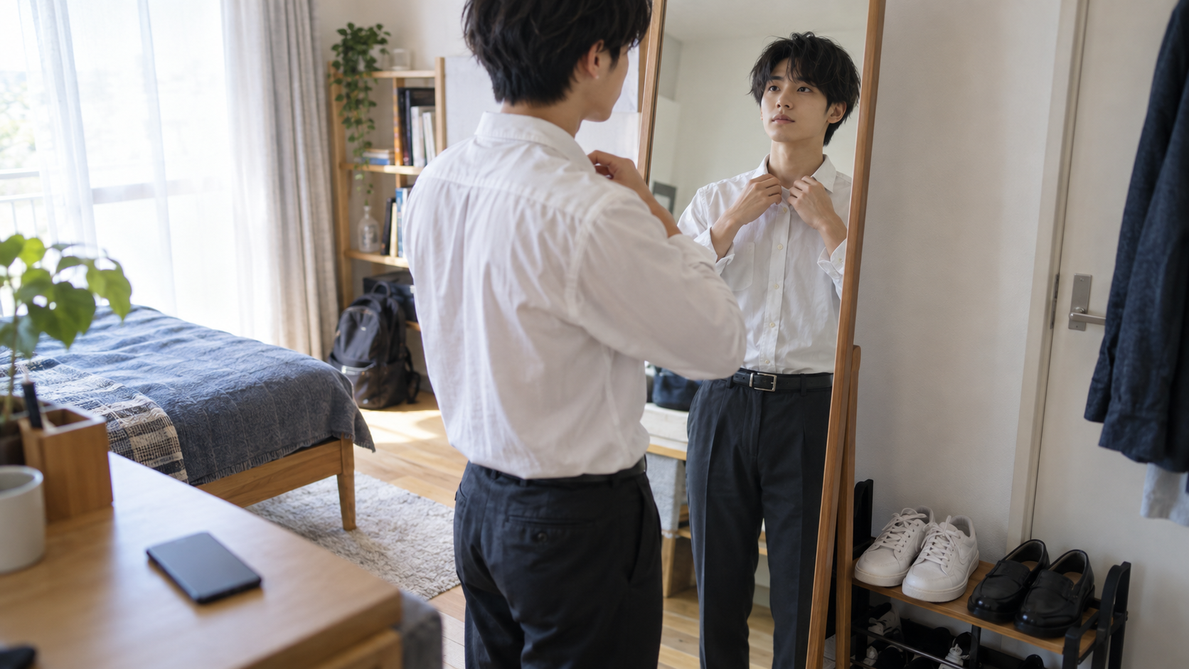 外出前に髪と襟元と姿勢を3分で確認する若者