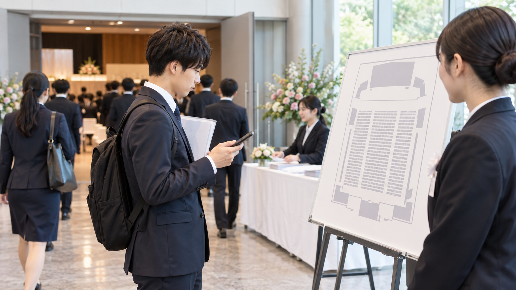大学入学式の受付で案内と座席図を確認する一人参加の新入生