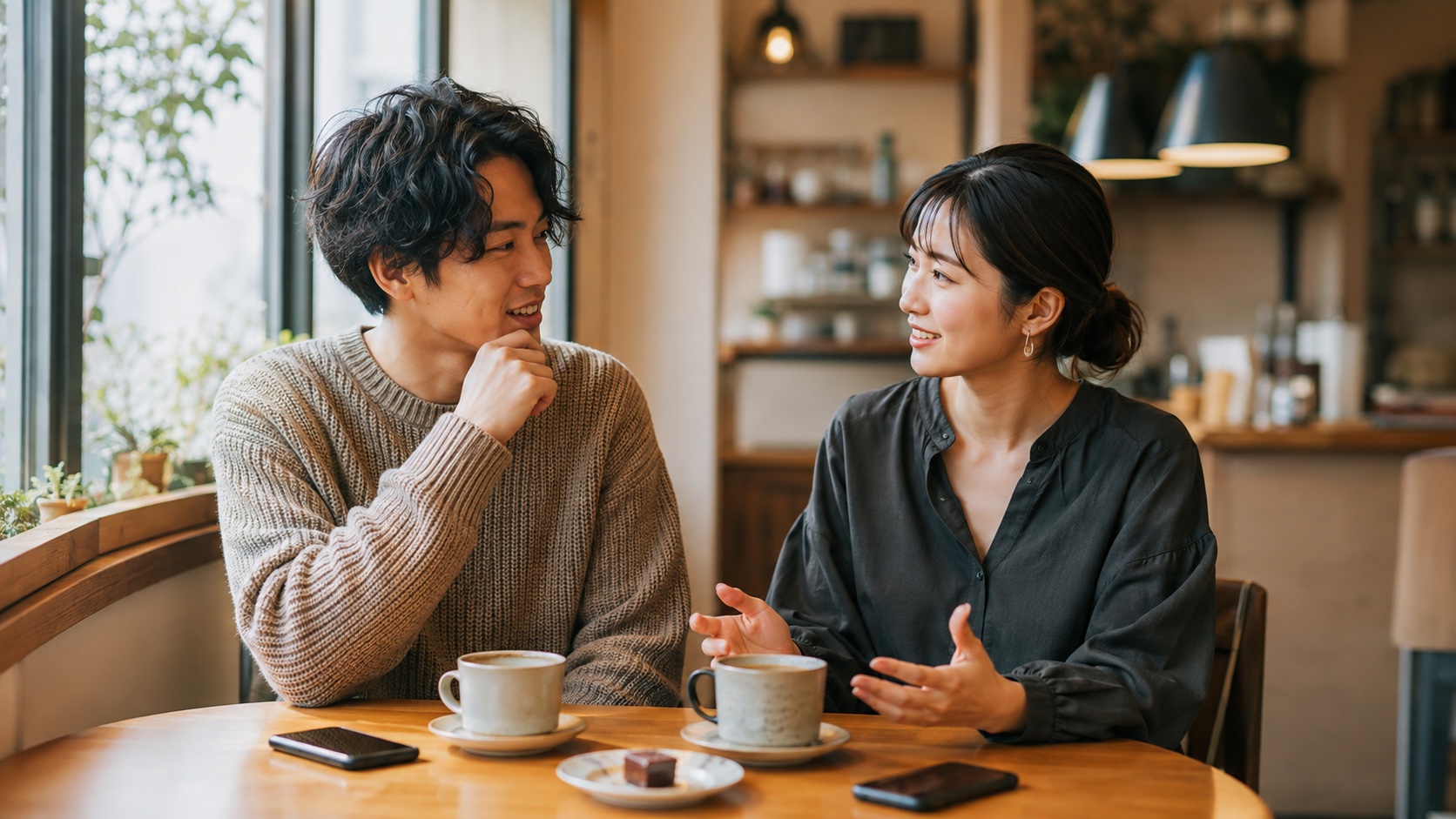 恋愛の価値観についてカフェで話し合う男女