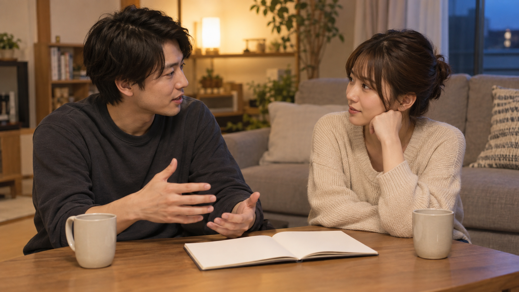 二人の予定や気持ちを落ち着いて話し合うカップル