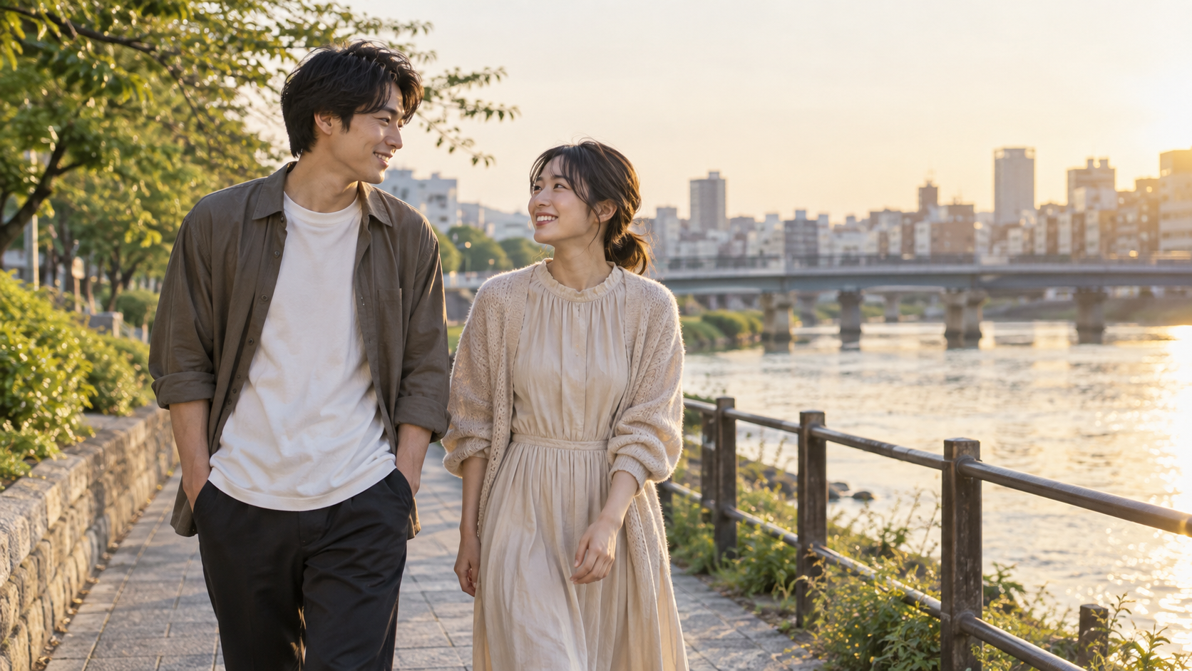 夕方の川沿いを自然体で歩くカップルとリア充な恋愛