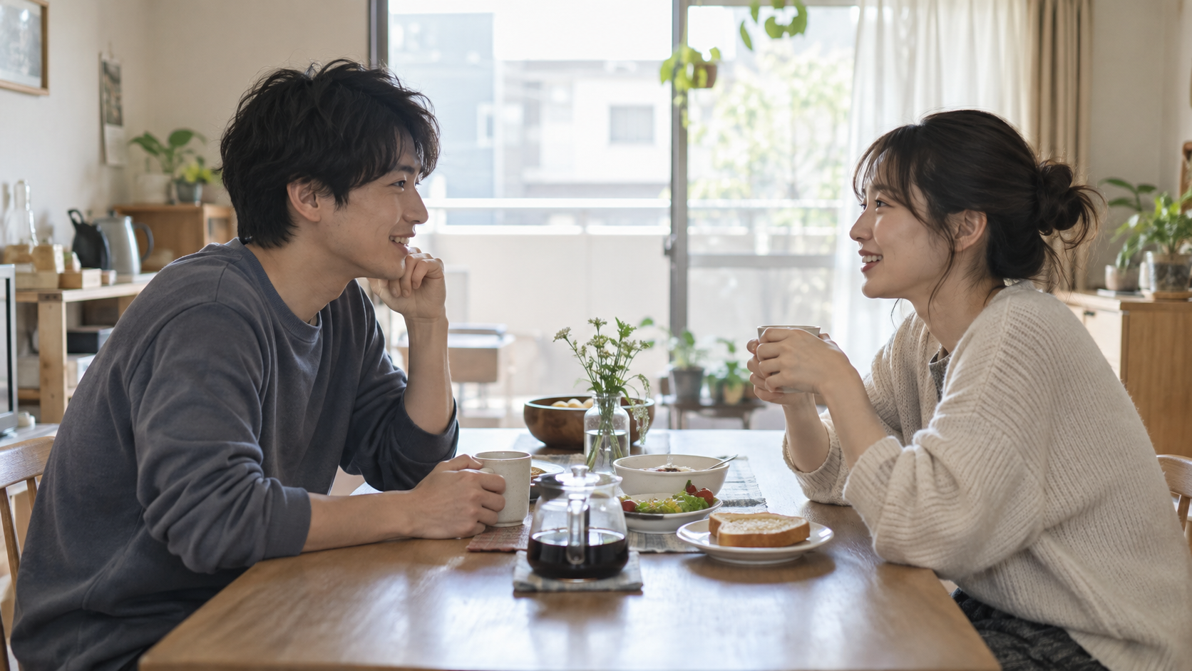 穏やかな朝食を楽しみながら向き合うカップル