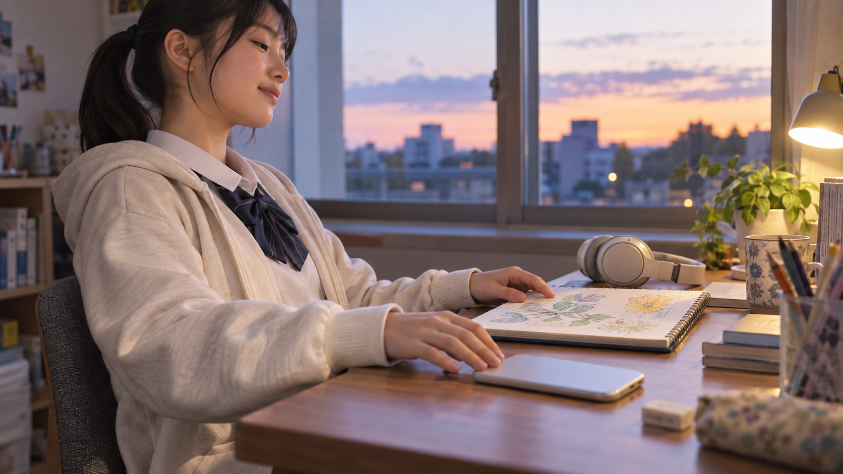 SNS比較をやめてスマホを伏せ、自分の趣味の時間へ戻る中学生