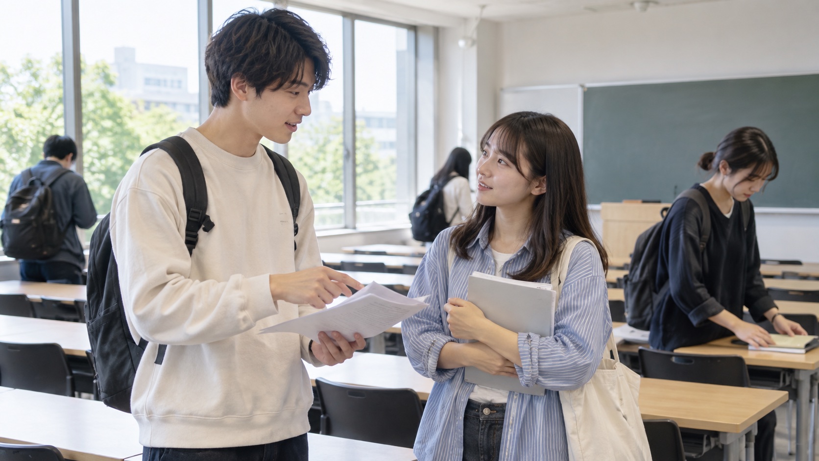 非リア充感を減らすため授業後に短い会話を交わす大学生