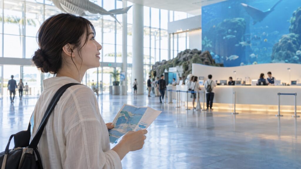 水族館の入口で館内図を広げて順路を確認する来館者