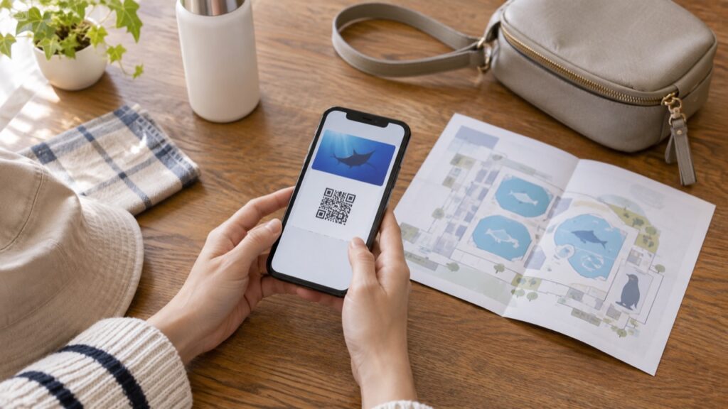 水族館へ行く前にスマートフォンと小さなバッグを用意する手元
