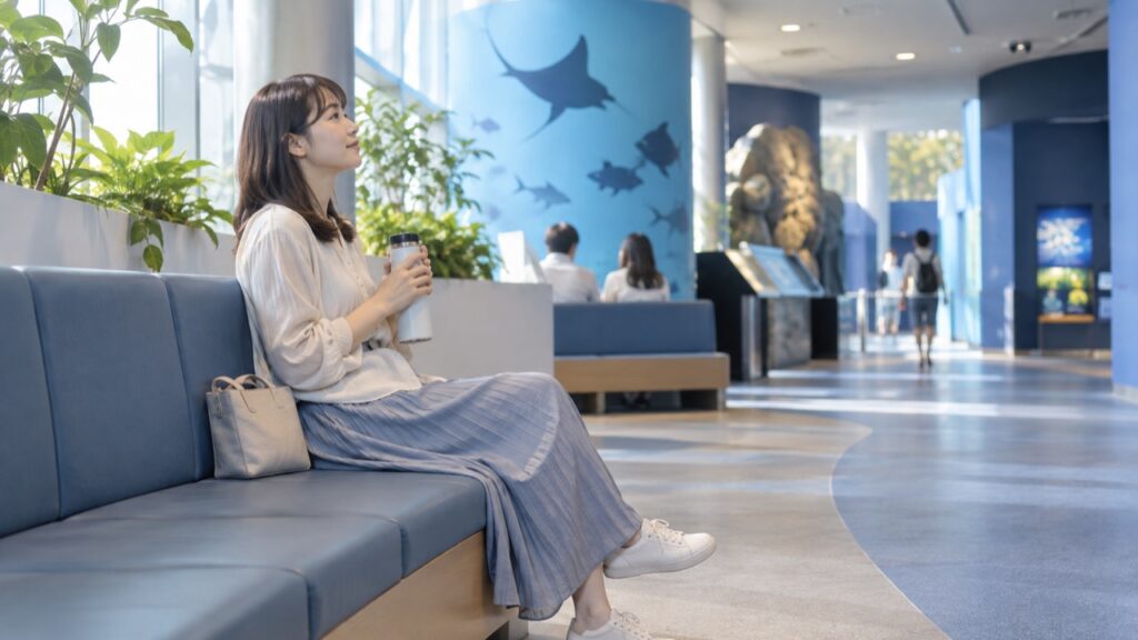 水族館の休憩スペースで座ってひと息つく来館者