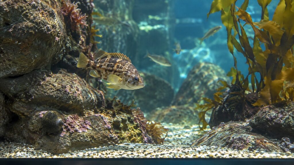 岩のそばを泳ぐ一匹の魚に目を向けられる水槽