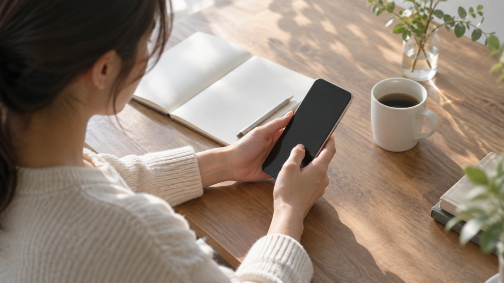 机でスマートフォンを手に取り返信を考える手元