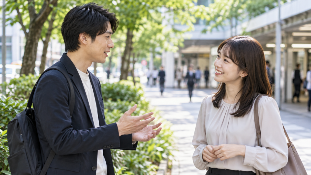 緑のある歩道で近況を聞きながらほほえむ二人