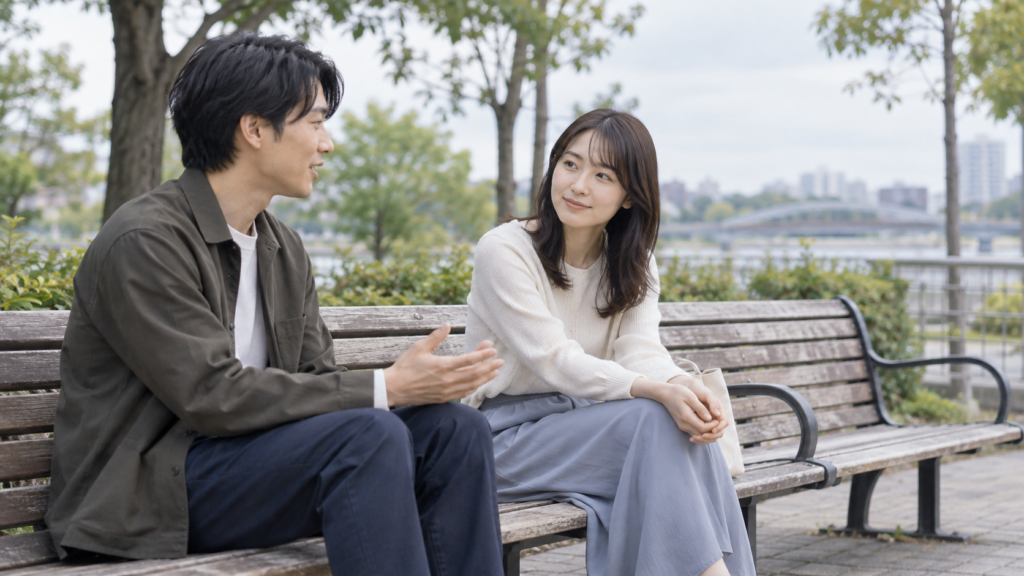 公園のベンチで急がずに話を聞く二人