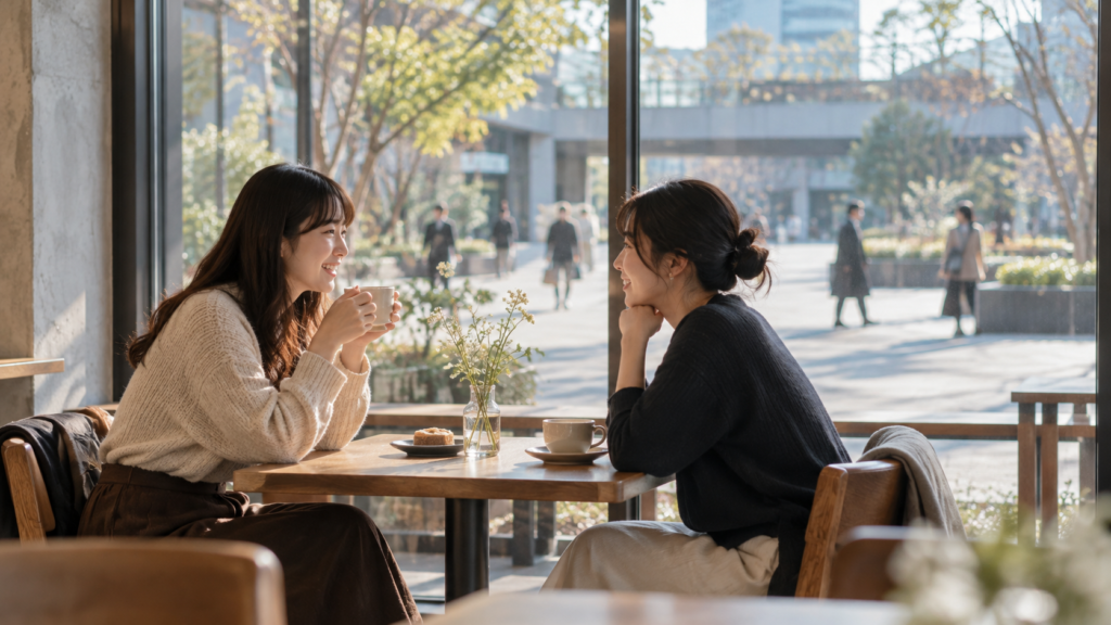 人が行き交う広場と静かなカフェの二人席