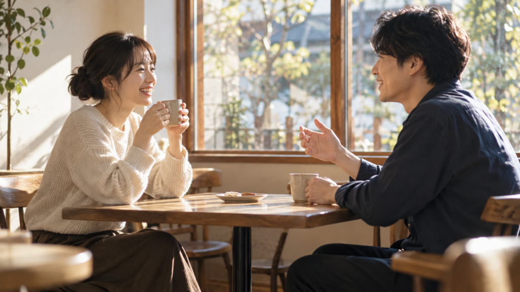 カフェでお茶を飲みながら近況を話す二人