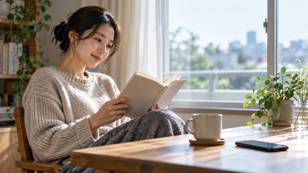 スマートフォンを机に置いて読書に戻る人