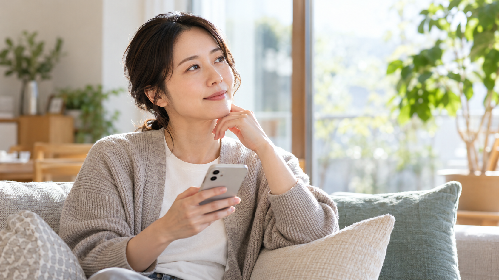 リビングで友達からの知らせを受け取る人