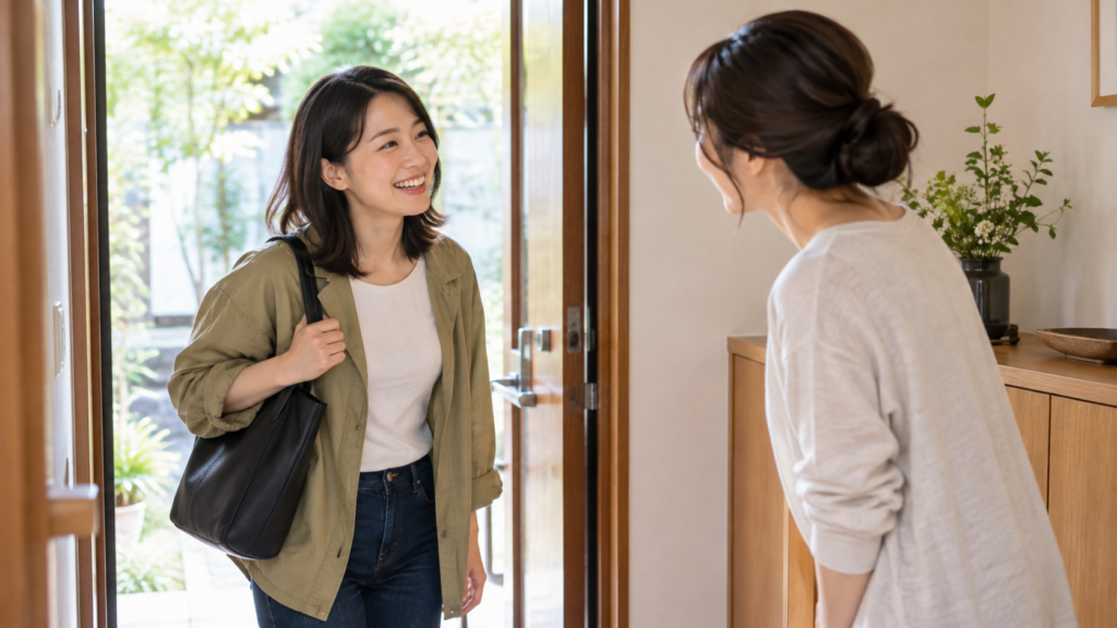 手土産なしの約束で友達の家を訪れ挨拶する様子