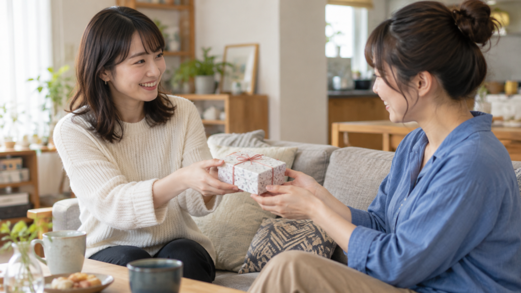 リビングで友達に小さな手土産の箱を渡す様子