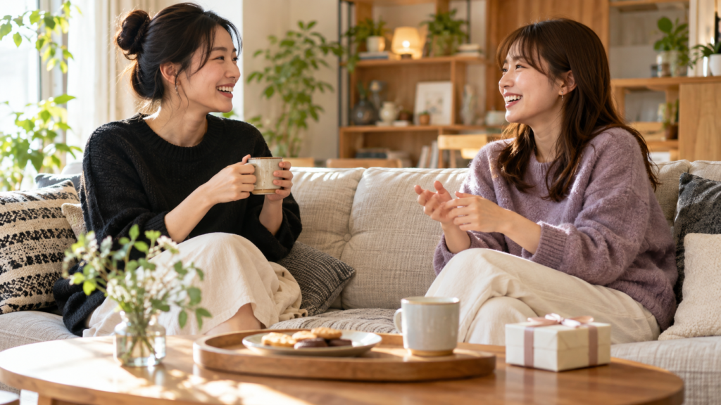 未開封の手土産を脇に置いて友達とゆっくり話す様子