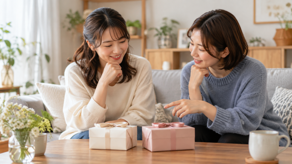 似た手土産が二つ並んだテーブルで相談する友達
