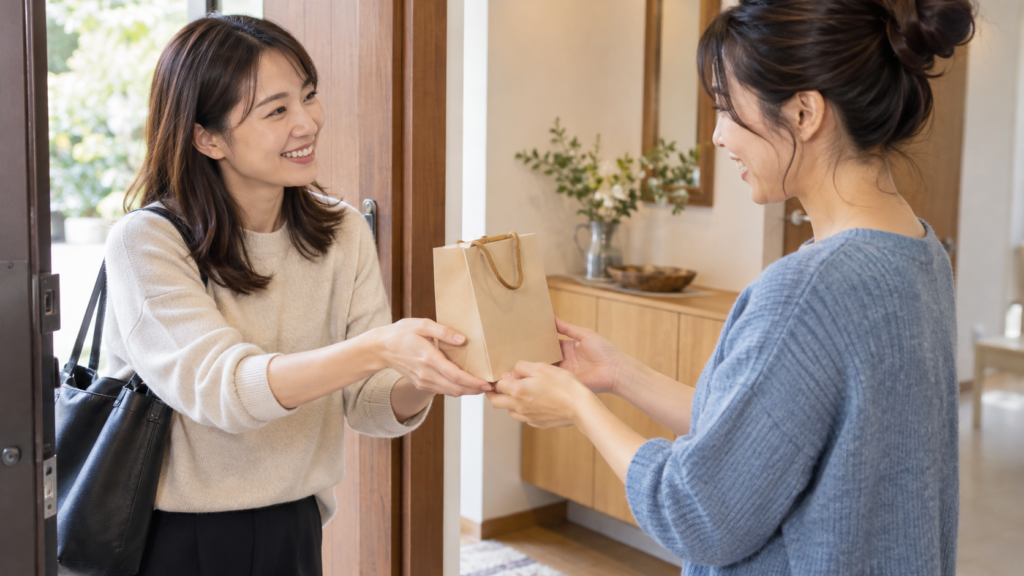 友達の家を訪れて小さな手土産を渡す様子