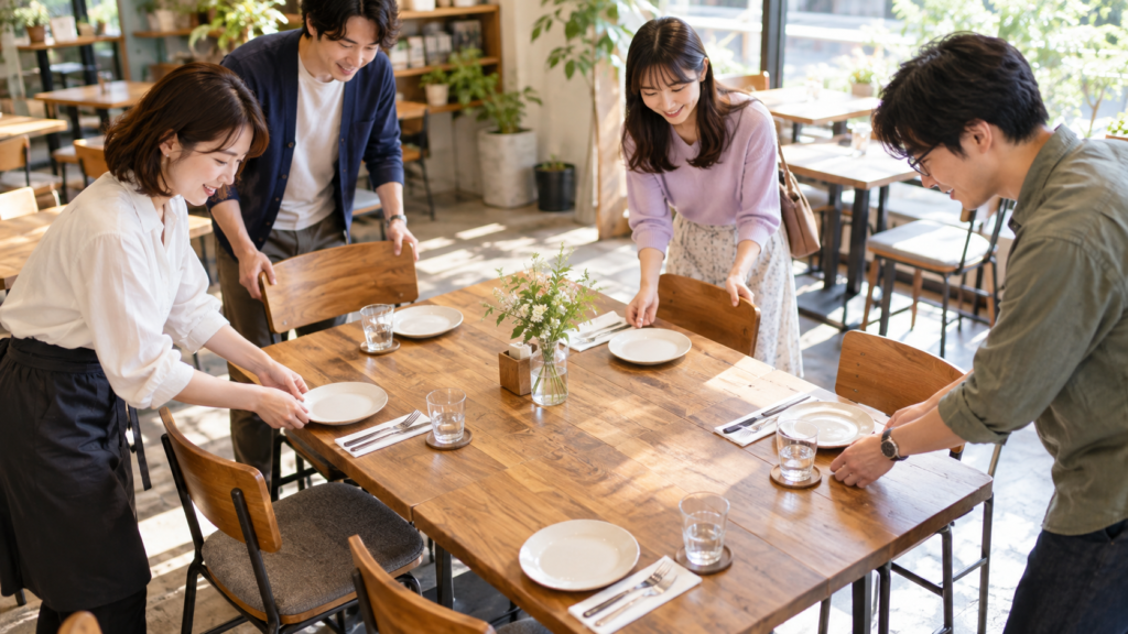 少人数のオフ会に向けてカフェの席を準備する幹事