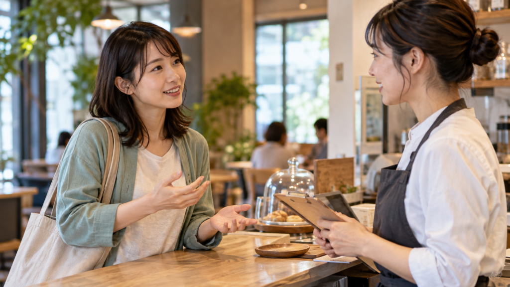 会場スタッフにオフ会の予約条件を確認する幹事
