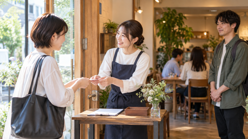 店の入口で参加者を迎えるオフ会の幹事