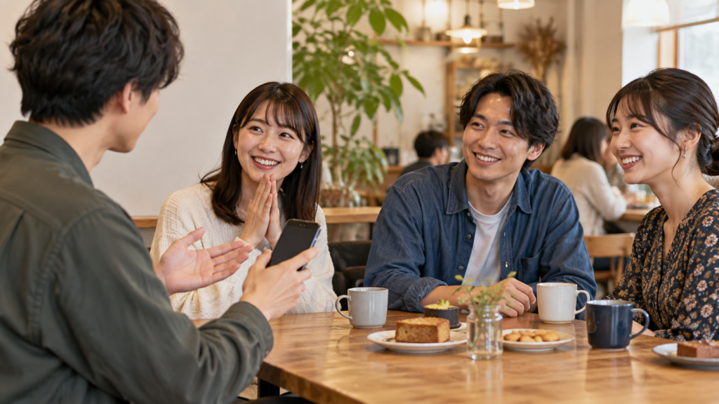 スマートフォンで撮影する前に参加者へ確認する場面