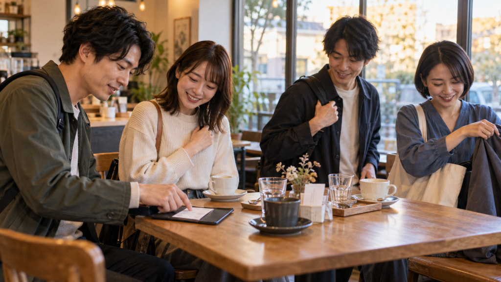オフ会の終了前に会計を確認して帰り支度する参加者